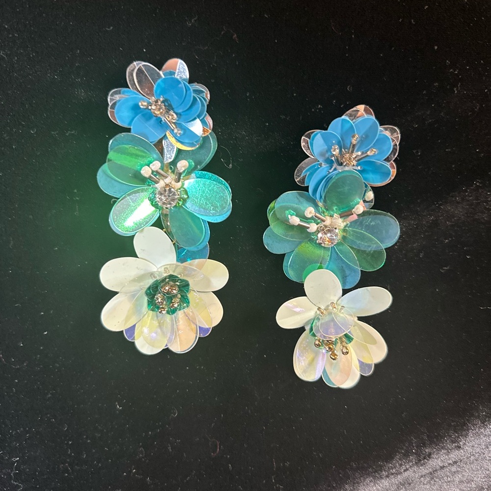 Floral Blue and Green Iridescent Paillette Dangle Earrings